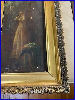 Stunning Antique Female At Mirror Scene Oil Painting Framed