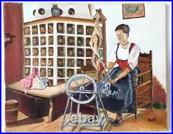Style Vintage Portrait Painting Woman Art Oil Spinning Wheel Canvas Signed Nice