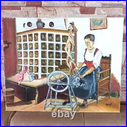 Style Vintage Portrait Painting Woman Art Oil Spinning Wheel Canvas Signed Nice