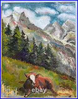 Swiss Alps Cow, 21.5x27.5, Original Oil Paintings, Gallery Art