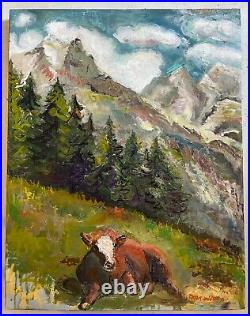 Swiss Alps Cow, 21.5x27.5, Original Oil Paintings, Gallery Art