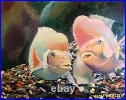Two Fish, 16x20, Original Oil Painting, Signed Art by Artist, Framed Sea Rock