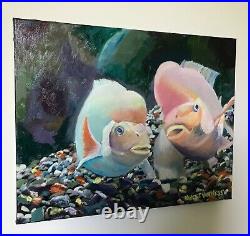 Two Fish, 20x16, Original Oil Painting, Signed Art, by Artist, Framed, Sea Rock