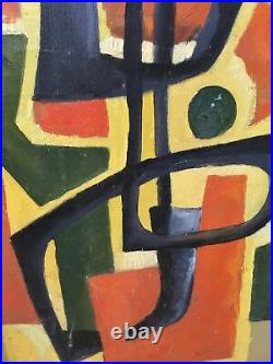 VINTAGE 50s ABSTRACT CUBIST GEOMETRIC OIL PAINTING ON CANVAS SIGNED LARGE 92cm
