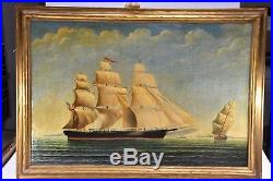 VINTAGE Tall Sailing Ship Sailboat Maritime Oil on Canvas Gold Framed Painting