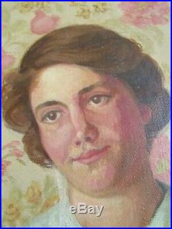 VTG 1930's WPA Oil Painting Portrait of Brunette Woman on Wallpaper