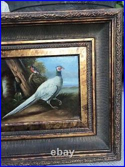 VTG Antiqued Pheasant Birds Figures Artist's Signed Oil Painting Gold Wood Frame