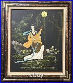 VTG Oil on Canvas Japanese Geisha Women In Garden Bamboo Frame Set Signed