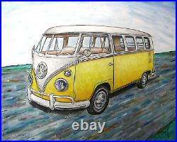 VW BUS Import camper 1967 YELLOW Volkswagen painting 16x20 original BIG Crowell