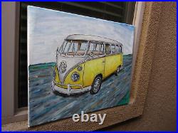 VW BUS Import camper 1967 YELLOW Volkswagen painting 16x20 original BIG Crowell