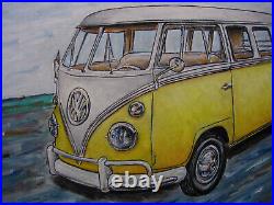 VW BUS Import camper 1967 YELLOW Volkswagen painting 16x20 original BIG Crowell