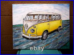 VW BUS Import camper 1967 YELLOW Volkswagen painting 16x20 original BIG Crowell