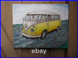 VW BUS Import camper 1967 YELLOW Volkswagen painting 16x20 original BIG Crowell