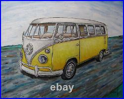 VW BUS Import camper 1967 YELLOW Volkswagen painting 16x20 original BIG Crowell