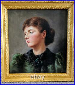 Victorian 1898 Portrait Painting Woman in Green oil on canvas. Signed. Framed