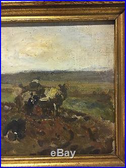 Vintage Antique Oil on Canvas Board Fred Jackson Painting of Workers in a Field