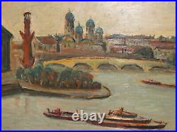 Vintage Fauvist Cityscape River Ships Oil Painting Signed