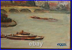 Vintage Fauvist Cityscape River Ships Oil Painting Signed