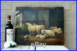 Vintage Flemish Oil Canvas Sheep farm chicken animal painting