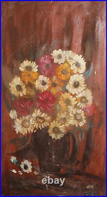 Vintage Impressionist oil painting still life with flowers signed