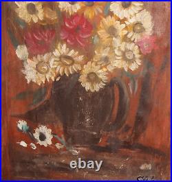 Vintage Impressionist oil painting still life with flowers signed