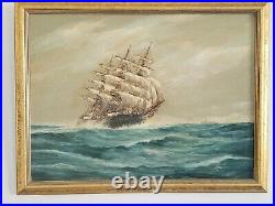 Vintage J Arnold Tall Ship oil painting on canvas board