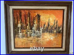 Vintage Mid Century Modern Abstract Cityscape Oil On Canvas By Simon