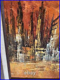 Vintage Mid Century Modern Abstract Cityscape Oil On Canvas By Simon