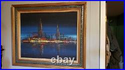 Vintage Oil Painting Harbor Cityscape brutalist mid century contemporary modern