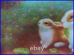 Vintage Oil Painting Of Bunny Rabbits And Landscape Gold Gilt Wooden Frame