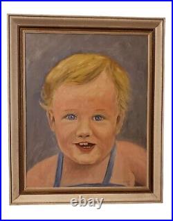 Vintage Oil Painting Of Smiling Chubby Blue Eyes Boy Signed Elliot 71