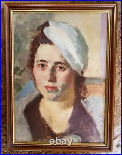 Vintage Painting Oil On Canvas Portrait Woman Beret Wood Frame Lady Decor Old