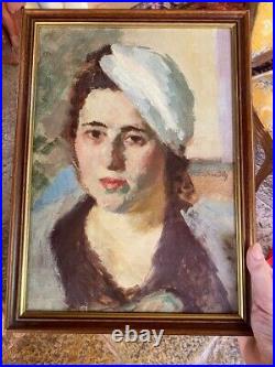 Vintage Painting Oil On Canvas Portrait Woman Beret Wood Frame Lady Decor Old