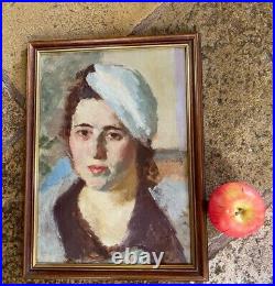 Vintage Painting Oil On Canvas Portrait Woman Beret Wood Frame Lady Decor Old