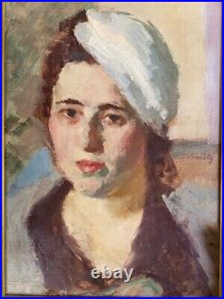 Vintage Painting Oil On Canvas Portrait Woman Beret Wood Frame Lady Decor Old