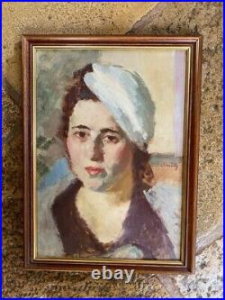 Vintage Painting Oil On Canvas Portrait Woman Beret Wood Frame Lady Decor Old