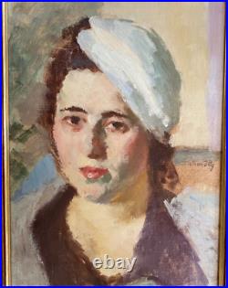 Vintage Painting Oil On Canvas Portrait Woman Beret Wood Frame Lady Decor Old