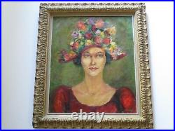 Vintage Painting Vintage Portrait Signed Pretty Woman Female Model W Flower Hat