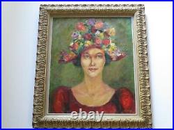 Vintage Painting Vintage Portrait Signed Pretty Woman Female Model W Flower Hat