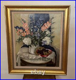 Vintage Signed Oil On Canvas Still Life Painting, Flowers & Fruit S. Campbell