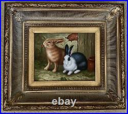Vintage Signed Oil on Canvas Framed Painting Rabbits Countryside