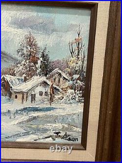 Vintage Signed Oil on Canvas Winter Landscape Painting with Houses