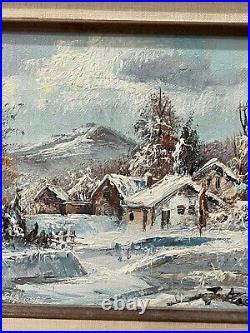 Vintage Signed Oil on Canvas Winter Landscape Painting with Houses
