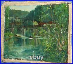Vintage expressionist oil painting town river landscape