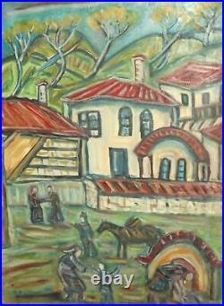 Vintage expressionist oil painting village landscape