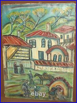 Vintage expressionist oil painting village landscape
