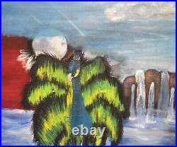 Vintage fauvist oil painting river landscape waterfall peacock
