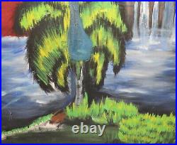 Vintage fauvist oil painting river landscape waterfall peacock
