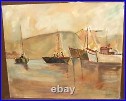 Vintage impressionist oil painting seascape boats