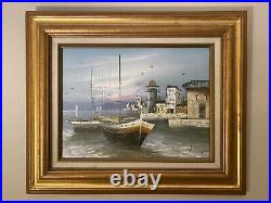 Vintage medium sized nautical sailboat themed landscape oil on canvas